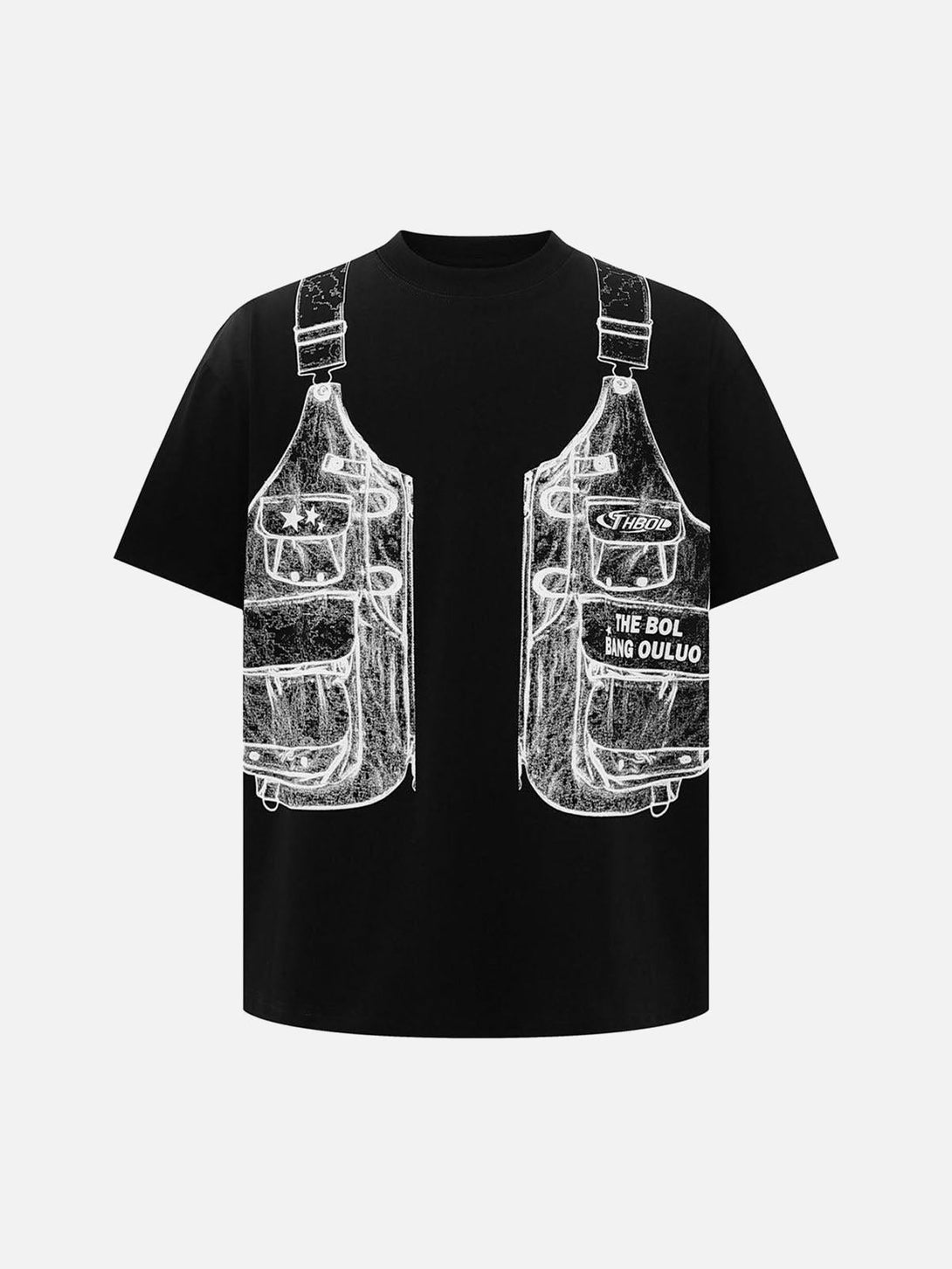 Front view of a black graphic T-shirt with a jacket print by TALISHKO, perfect for casual style.