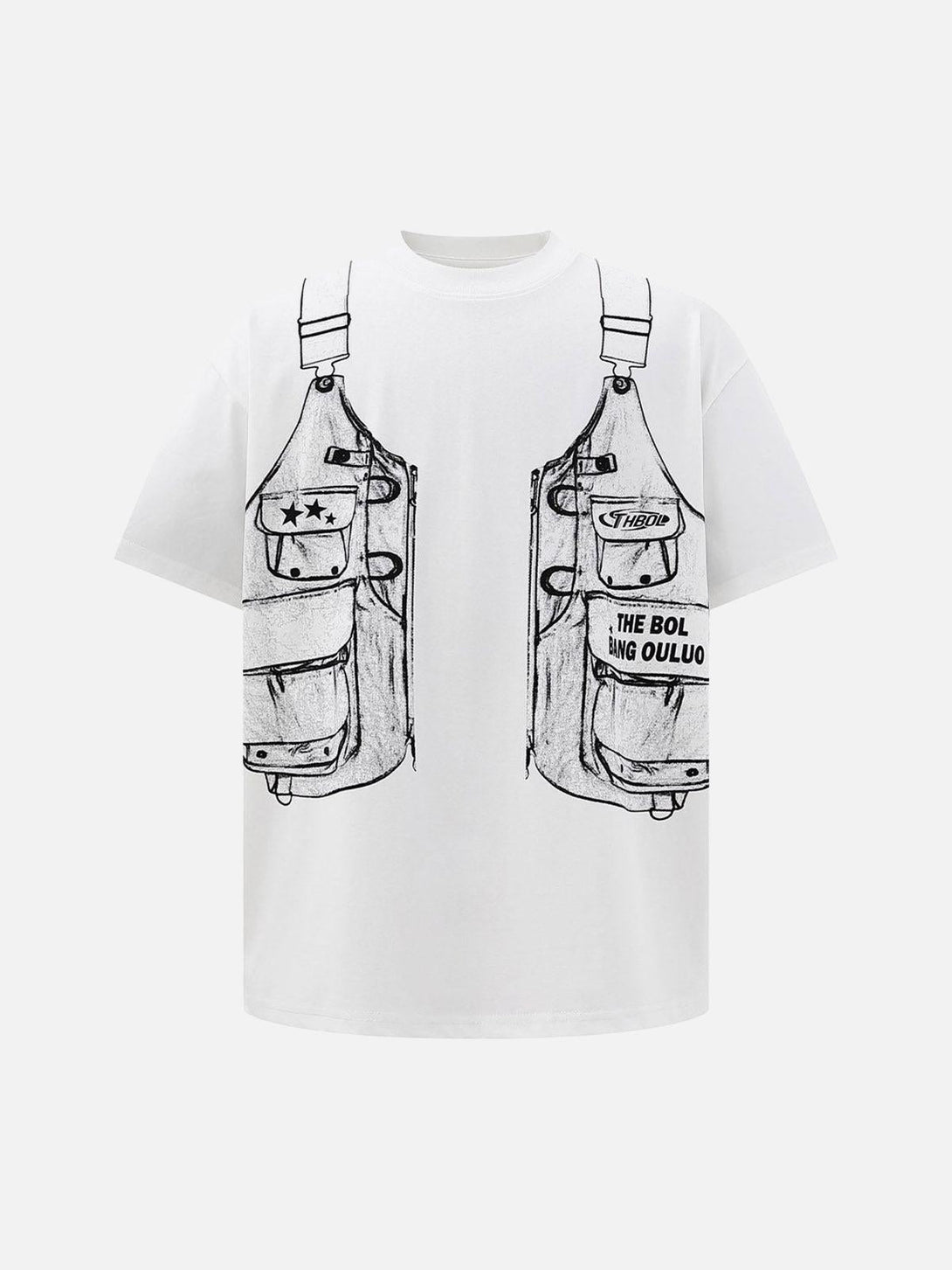 White graphic T-shirt with a jacket print design, front view by TALISHKO.