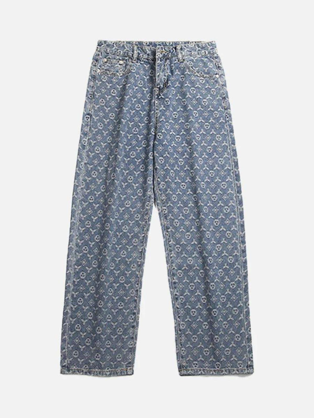 Front view of blue jacquard baggy denim jeans by TALISHKO, featuring a stylish pattern.