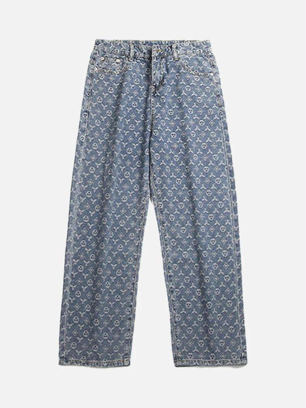 Front view of blue jacquard baggy denim jeans by TALISHKO, featuring a stylish pattern.