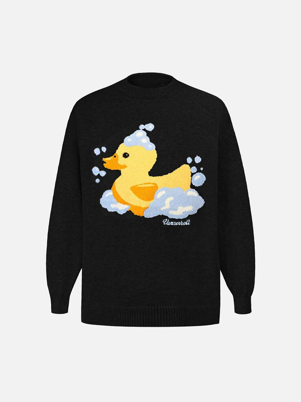Front view of a black crewneck sweater featuring a playful duck design, crafted by TALISHKO.