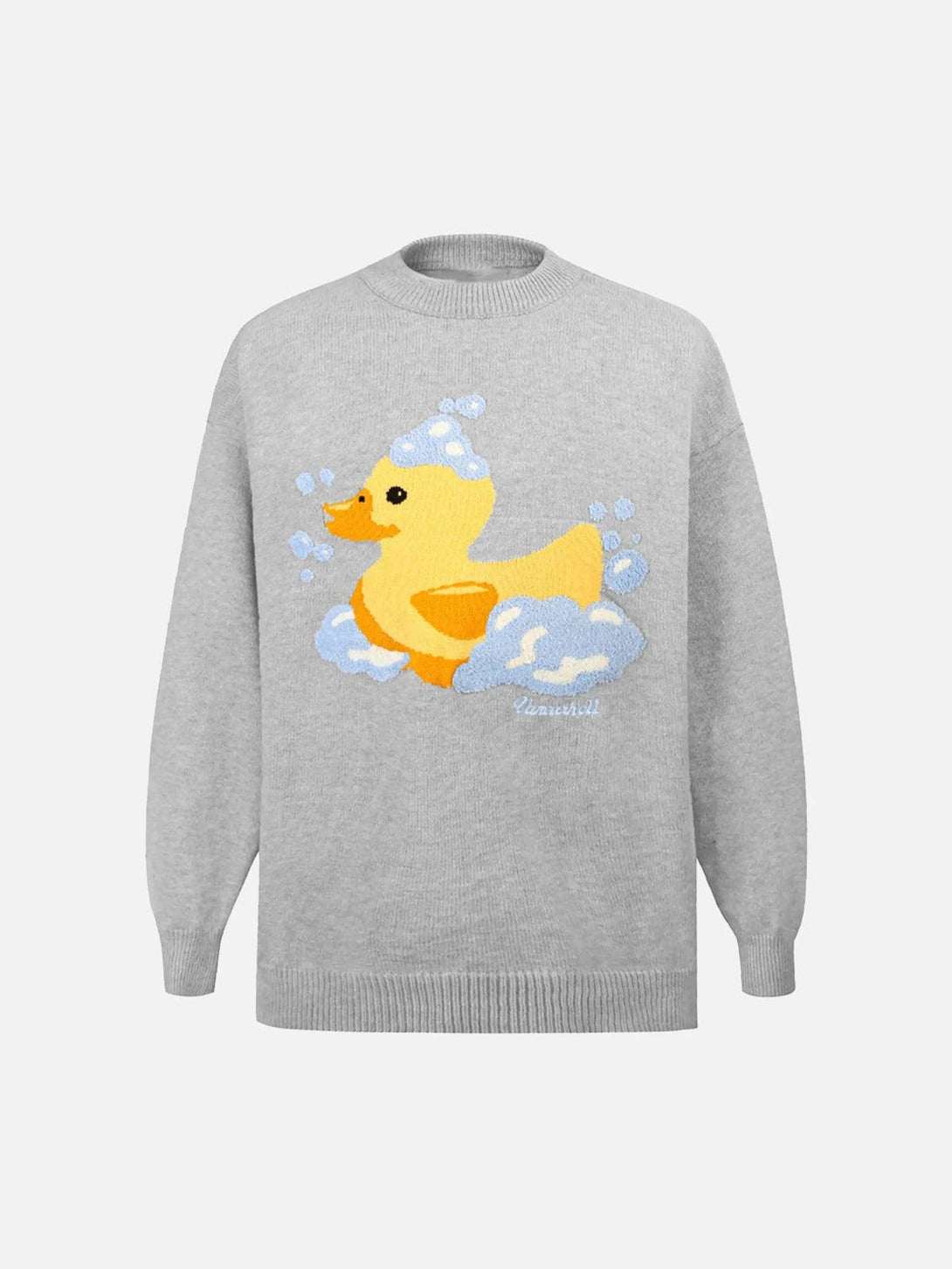 Front view of a gray crewneck sweater with a playful duck design by TALISHKO.