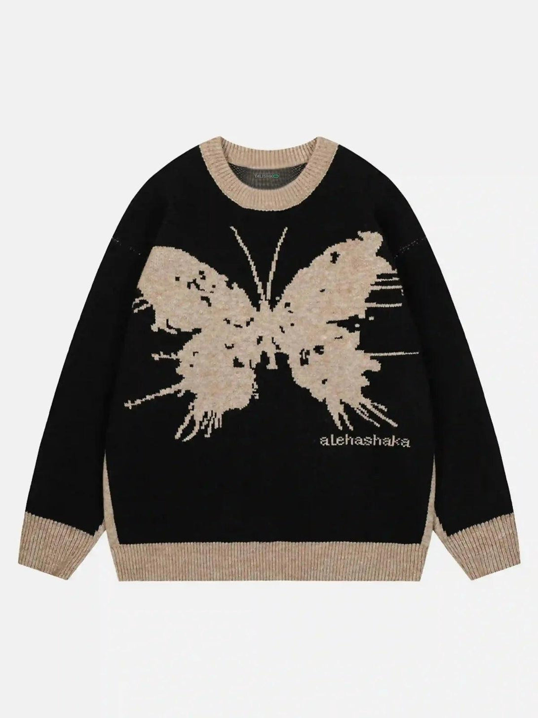 Front view of a black jacquard butterfly sweater by TALISHKO, showcasing its bold design.