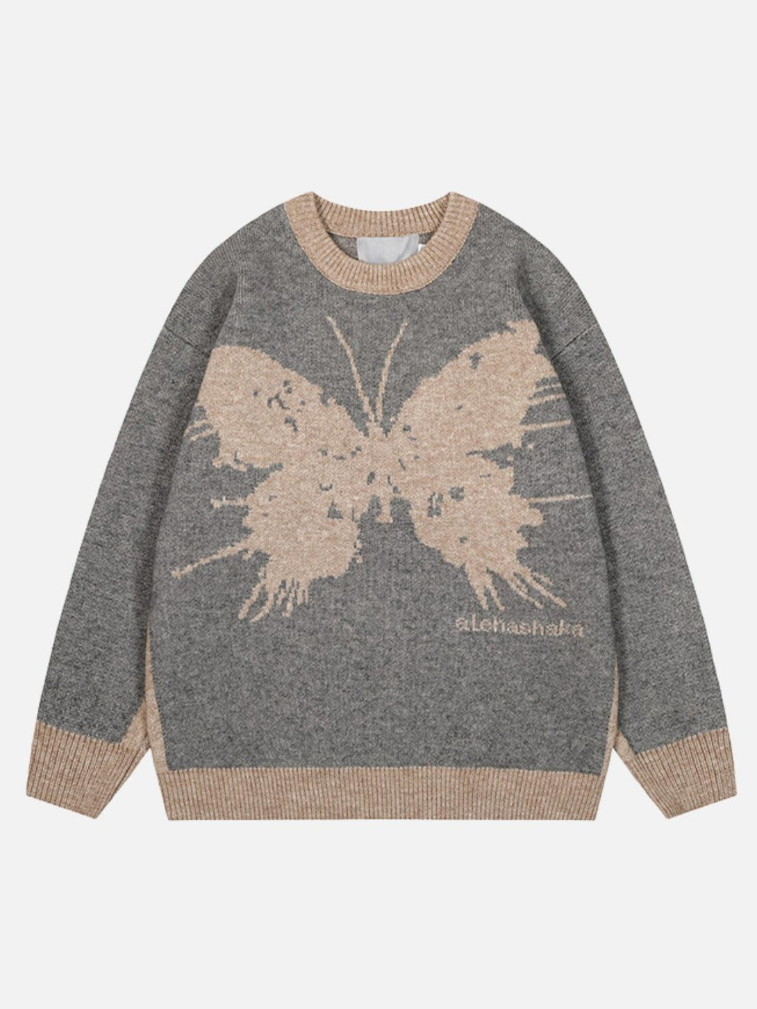 Front view of a gray jacquard butterfly sweater, crafted by TALISHKO, with cozy knit details.