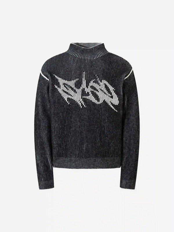 Front view of a black jacquard half turtleneck knitted sweater by TALISHKO, showcasing its edgy design.
