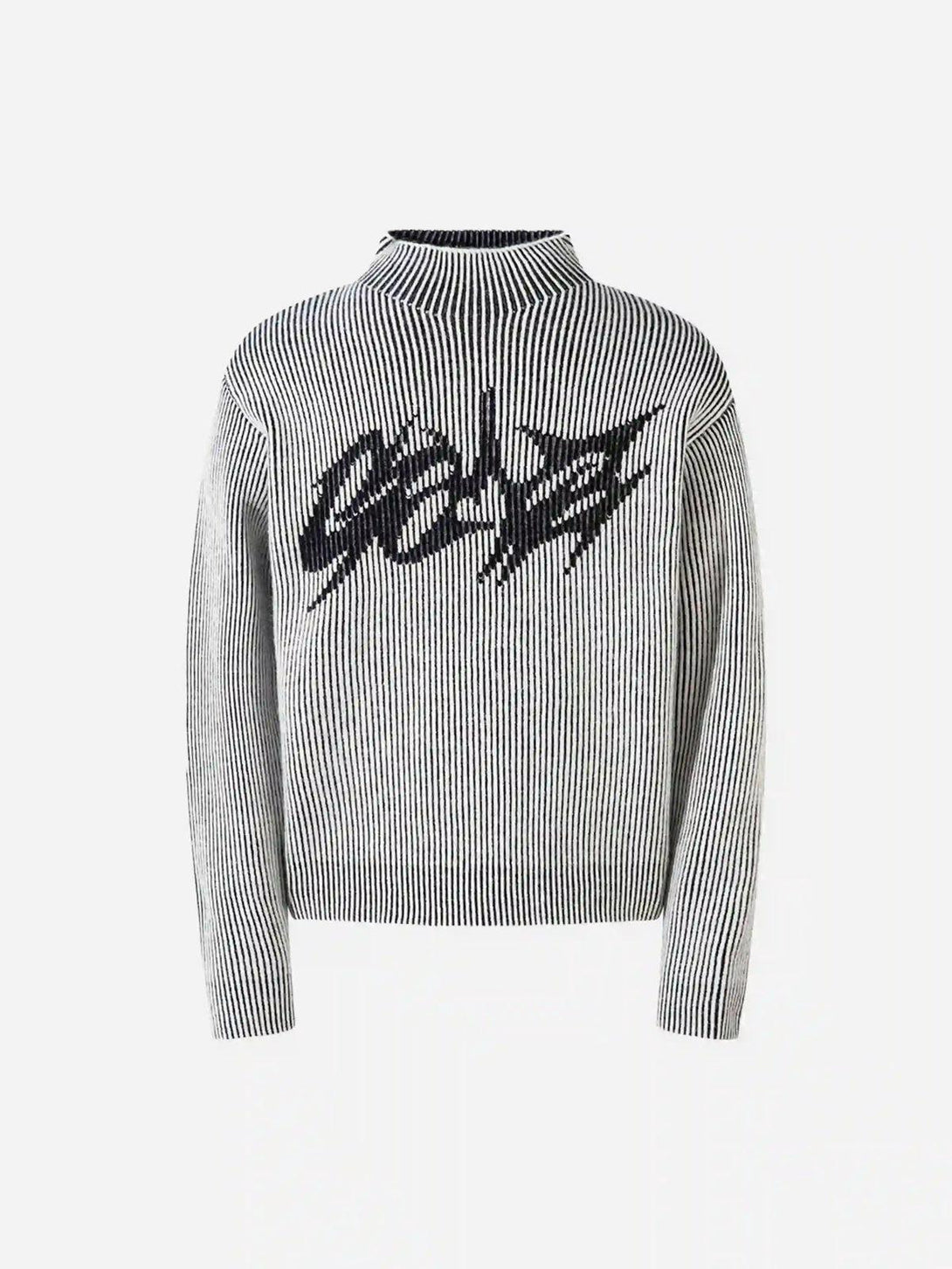 Front view of a gray jacquard half turtleneck sweater by TALISHKO, featuring bold graphic design.