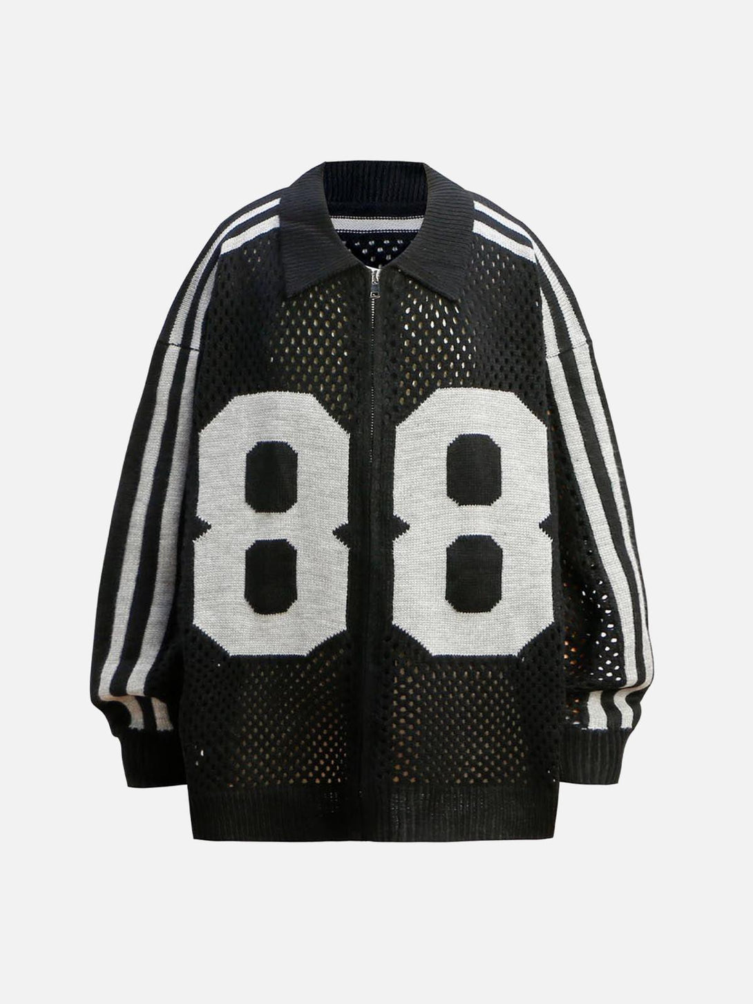 TALISHKO black jacquard mesh knit sweater with a bold "88" design, featuring a front zip.