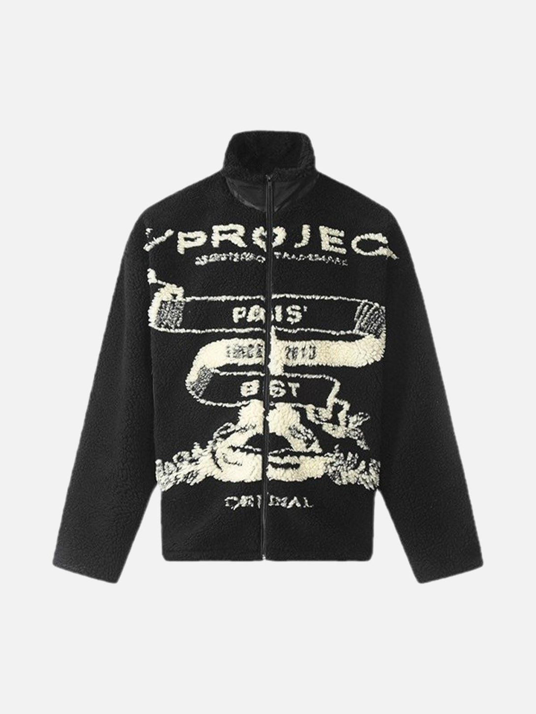 Front view of a black sherpa jacket with jacquard design by TALISHKO, featuring a stand collar.