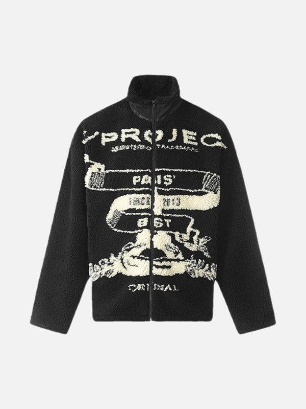 Front view of a black sherpa jacket with jacquard design by TALISHKO, featuring a stand collar.