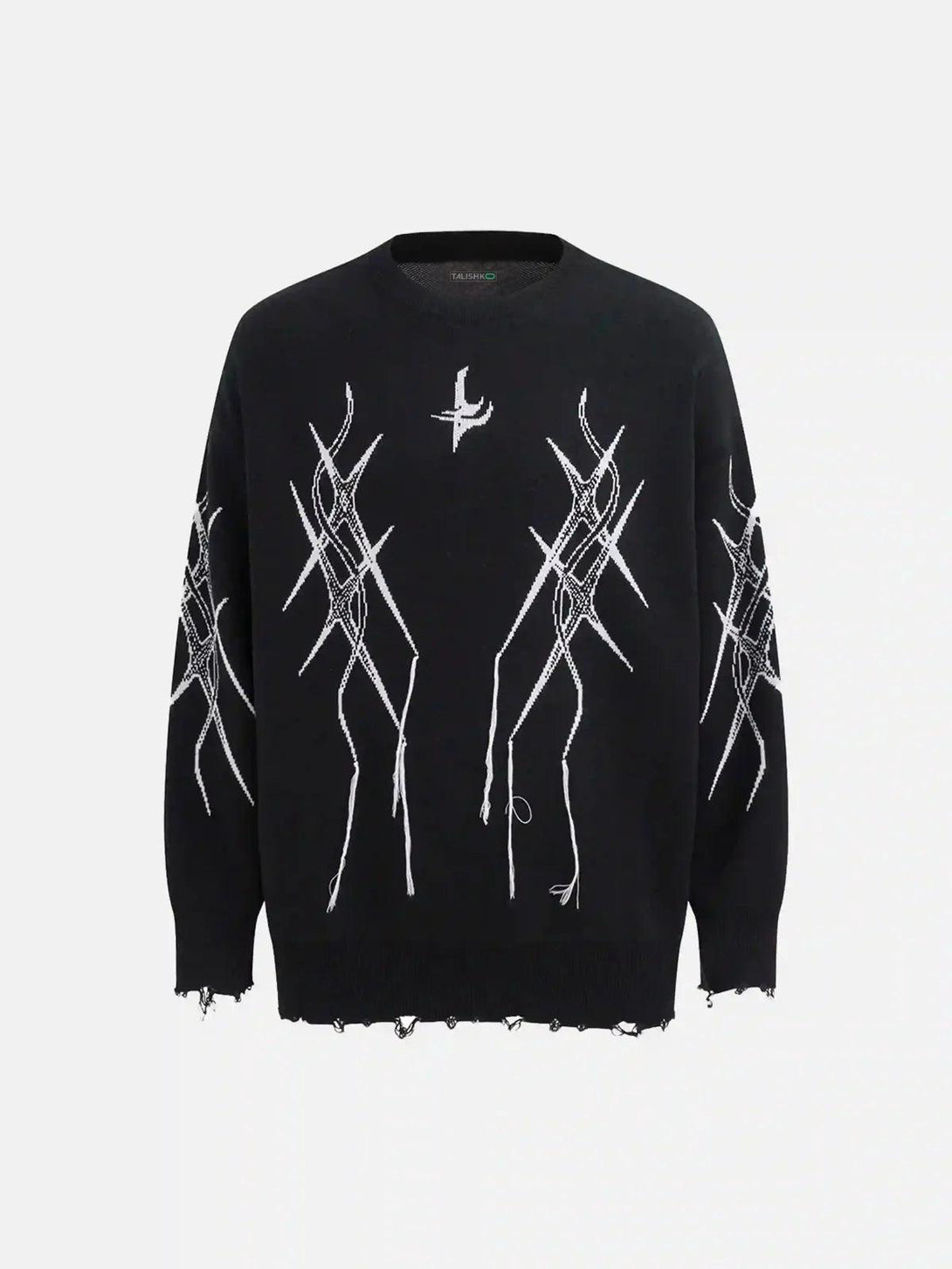Front view of a black jacquard thorns tassel sweater by TALISHKO, showcasing edgy street style.