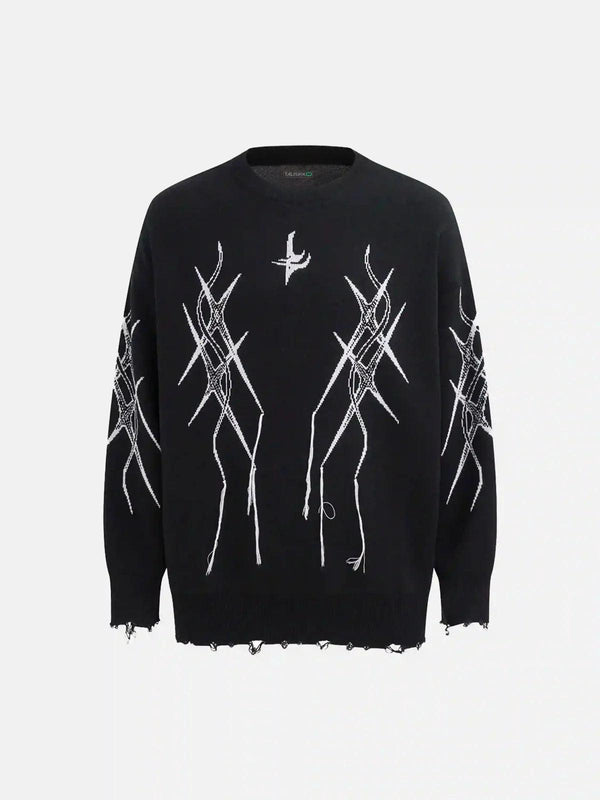 Front view of a black jacquard thorns tassel sweater by TALISHKO, showcasing edgy street style.
