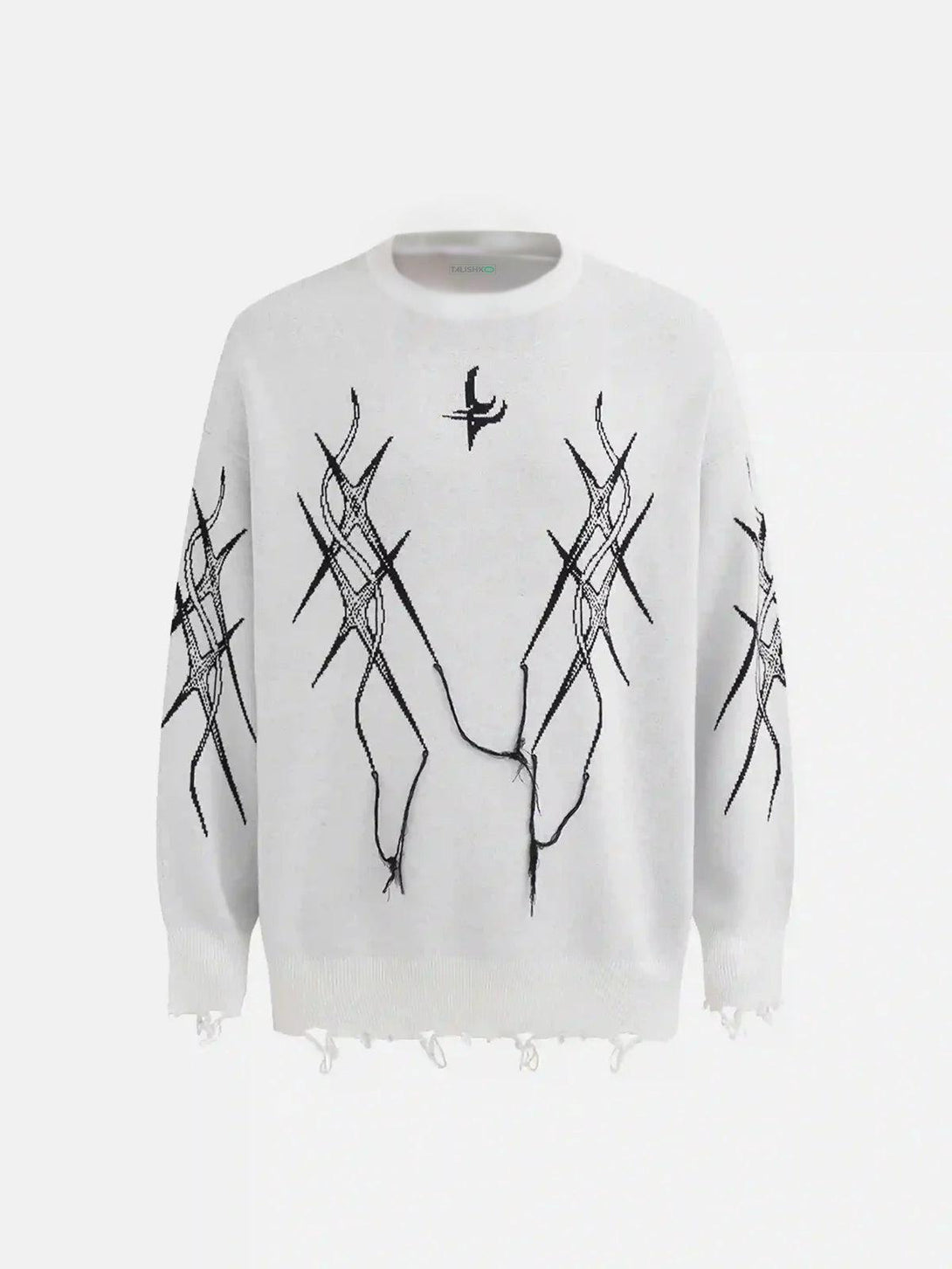 Front view of a white jacquard sweater by TALISHKO, featuring intricate thorns and tassel details.