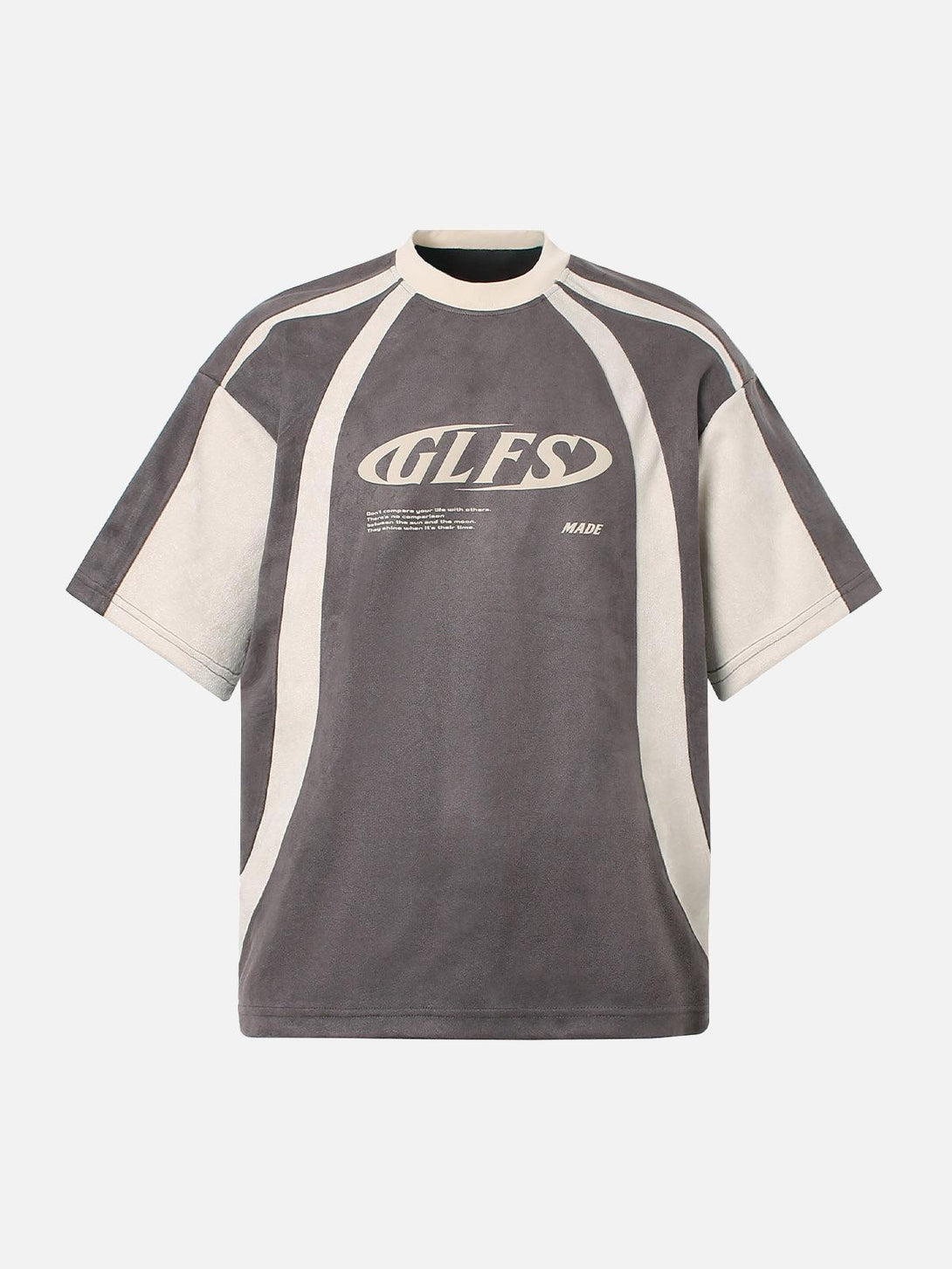 Front view of a gray deconstructed print T-shirt featuring contrast stitching by TALISHKO.