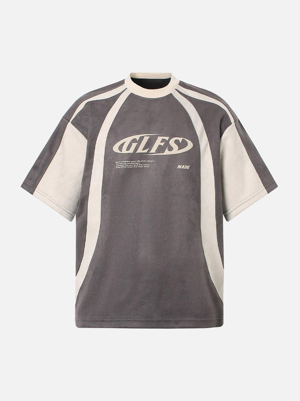 Front view of a gray deconstructed print T-shirt featuring contrast stitching by TALISHKO.