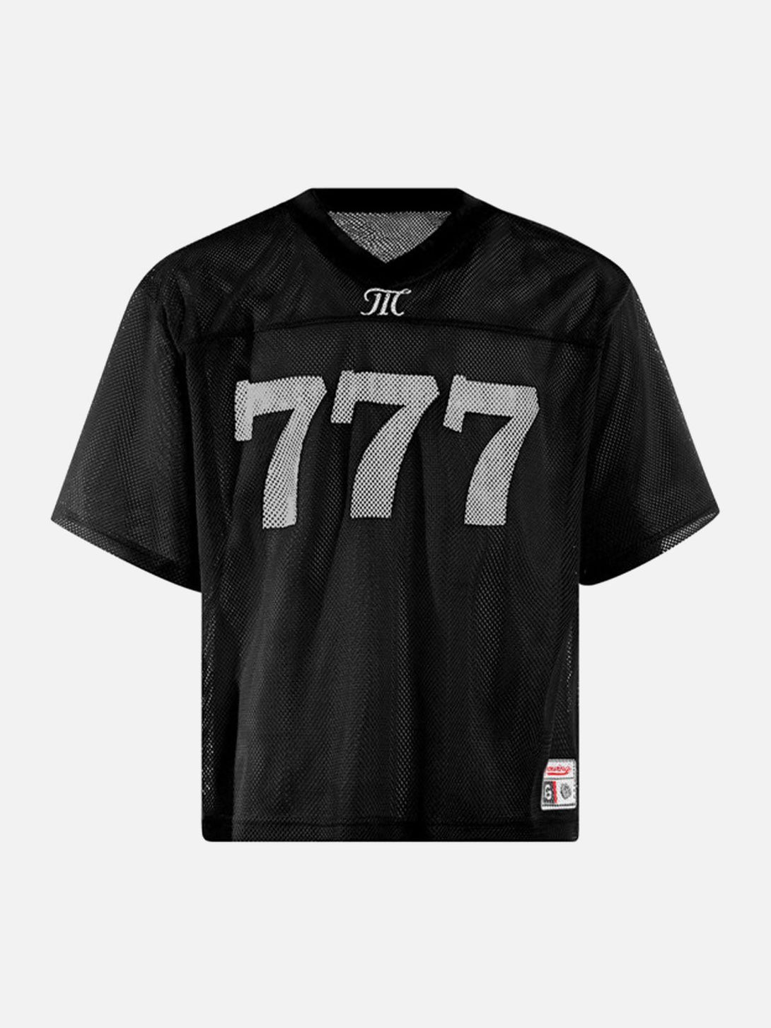Front view of black mesh V-neck jersey by TALISHKO, featuring bold "777" print for a sporty style.