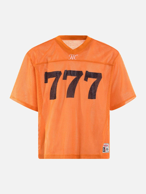 Front view of orange mesh V-neck jersey by TALISHKO, featuring bold "777" print.