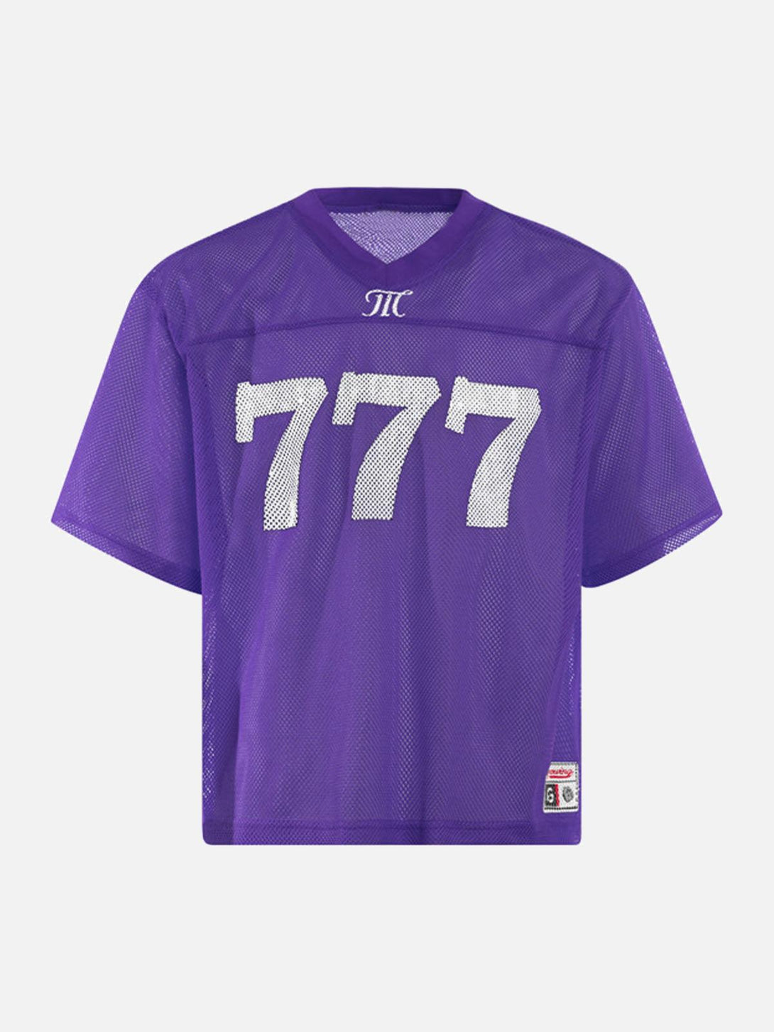Purple mesh V-neck jersey by TALISHKO, showcasing bold "777" front design in a breathable fabric.