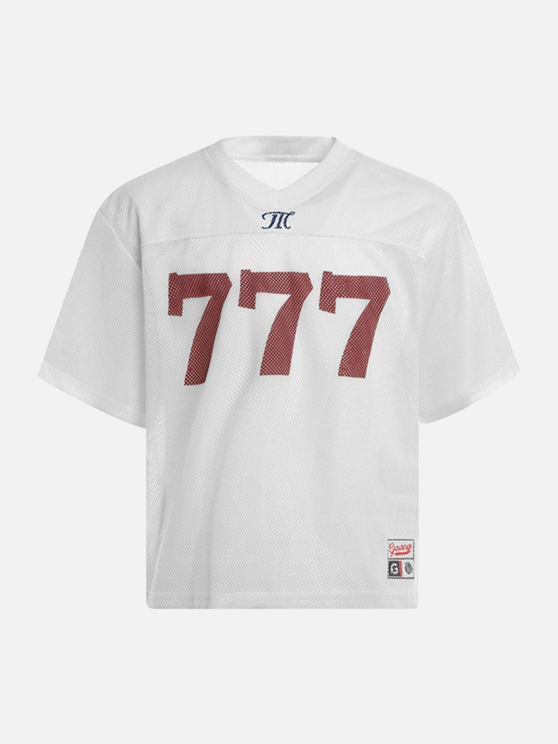 Front view of white mesh V-neck jersey by TALISHKO, featuring bold "777" print for a sporty look.
