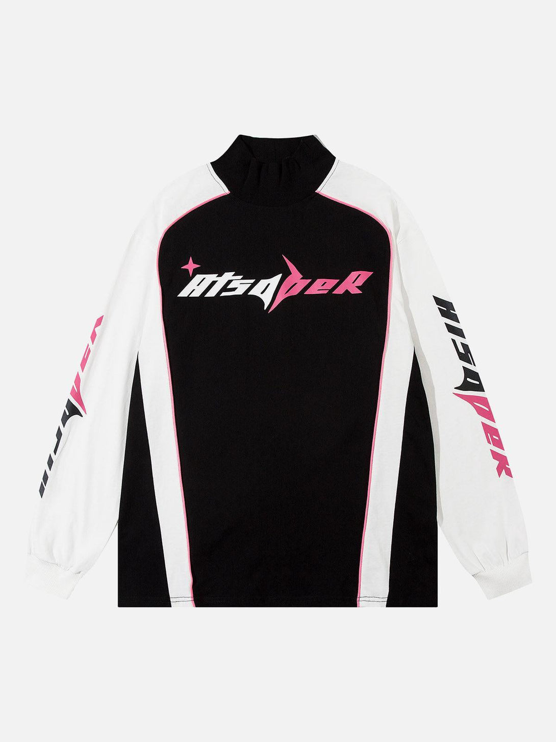 Front view of a black and white TALISHKO jersey long sleeve with bold pink and white graphics.