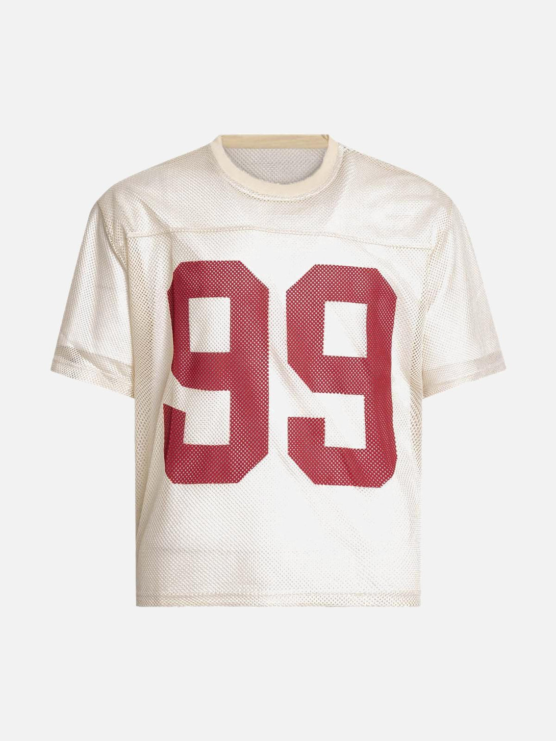 Front view of apricot mesh jersey T-shirt with red "99" design by TALISHKO.