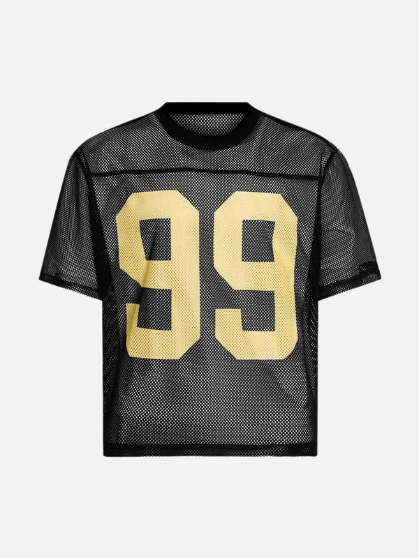 Front view of black mesh short-sleeve jersey T-shirt with yellow "99" by TALISHKO.