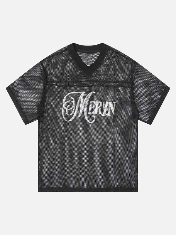 Black mesh jersey blouse with "MERVIN" script detail by TALISHKO, shown from the front.