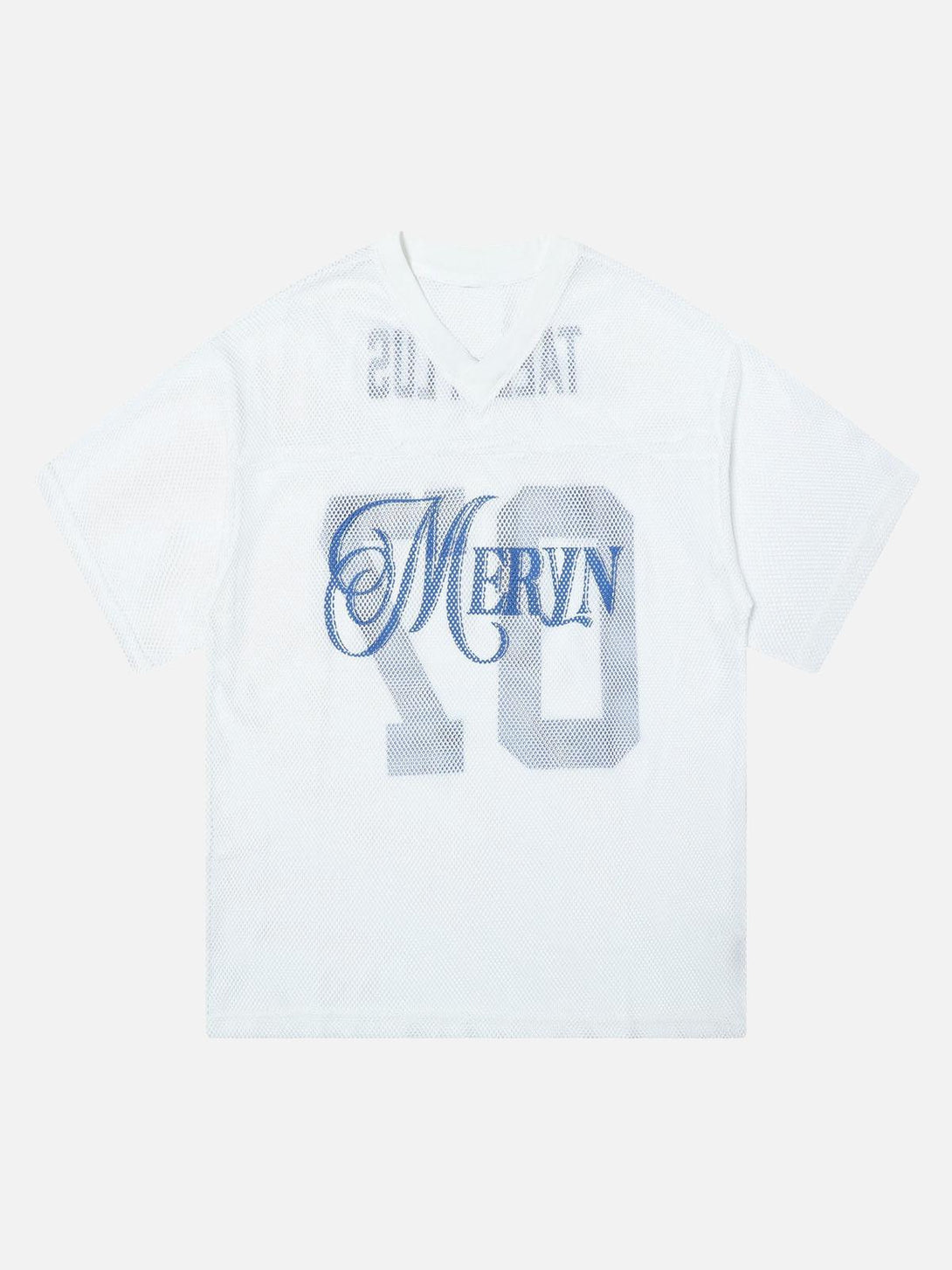 White mesh jersey blouse featuring "MERVIN" script, front view by TALISHKO, ideal for warm days.