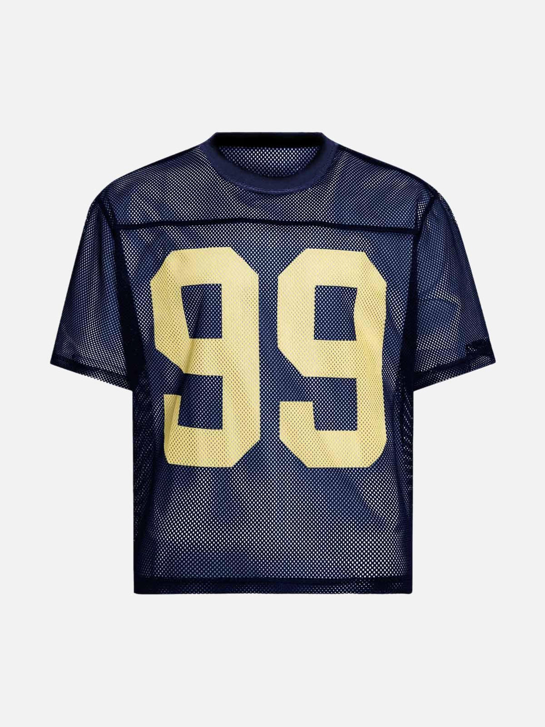 Front view of navy mesh short-sleeve T-shirt with yellow "99" design by TALISHKO.