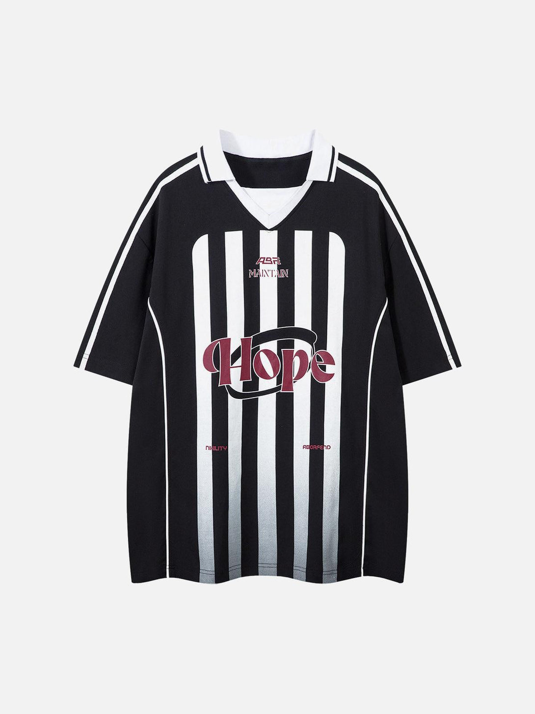 TALISHKO black and white striped jersey polo shirt with bold "Hope" graphic on the front.