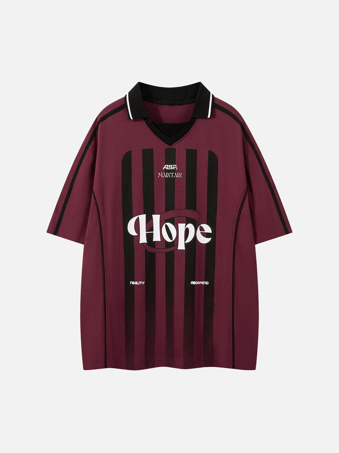 Front view of TALISHKO red and black striped jersey polo shirt with bold "Hope" graphic.