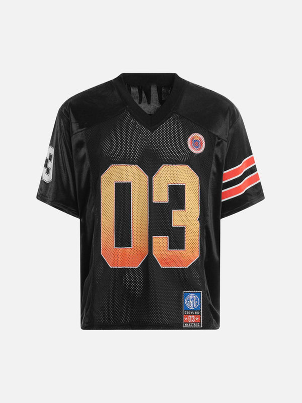 Front view of a black V-neck jersey T-shirt with bold "03" print by TALISHKO, ideal for casual wear.