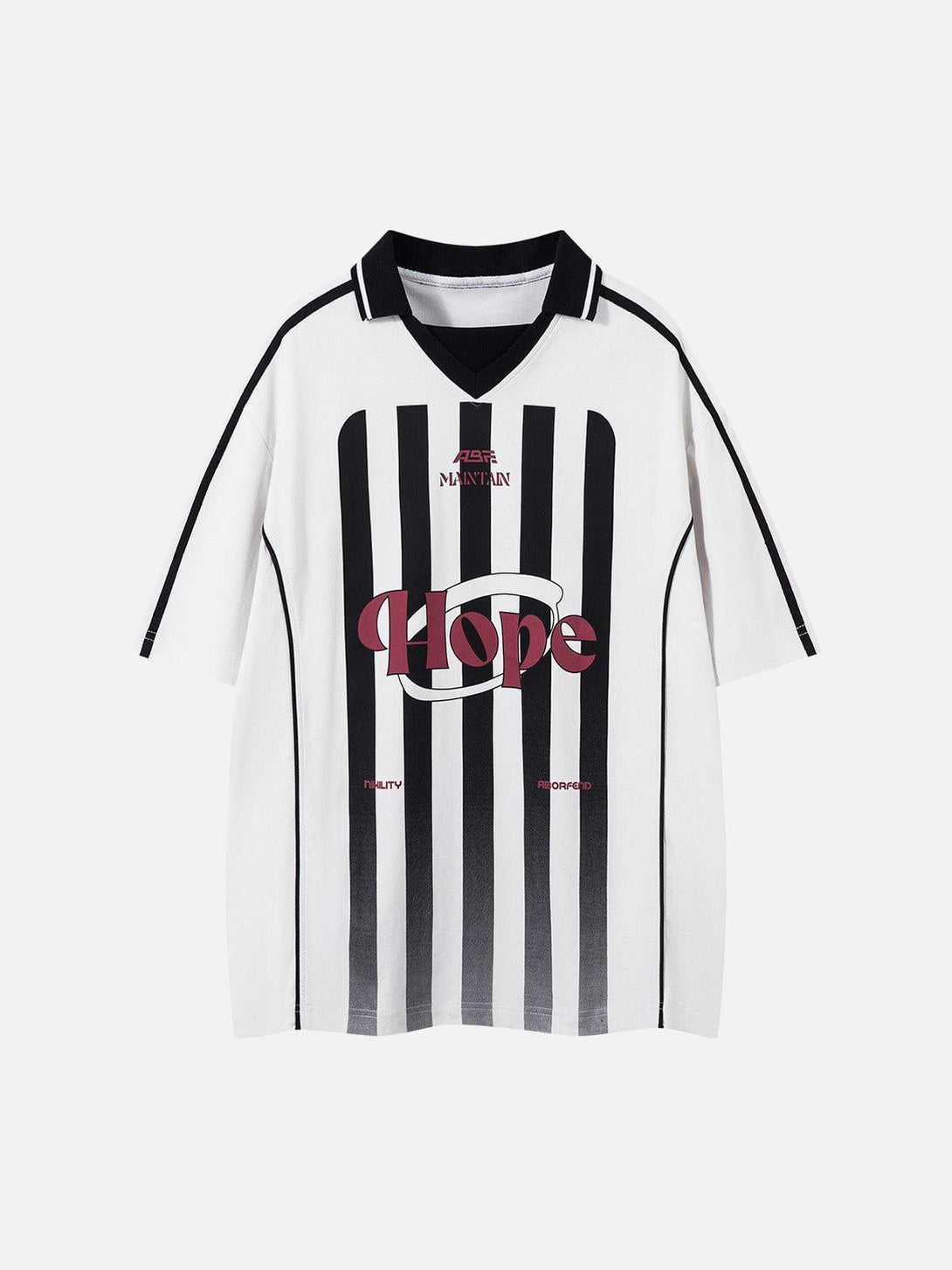 Front view of TALISHKO white and black striped polo shirt featuring a bold "Hope" graphic design.