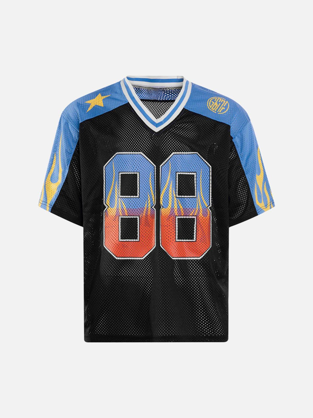 Front view of a black jersey T-shirt by TALISHKO, featuring vibrant flame prints and number 88.