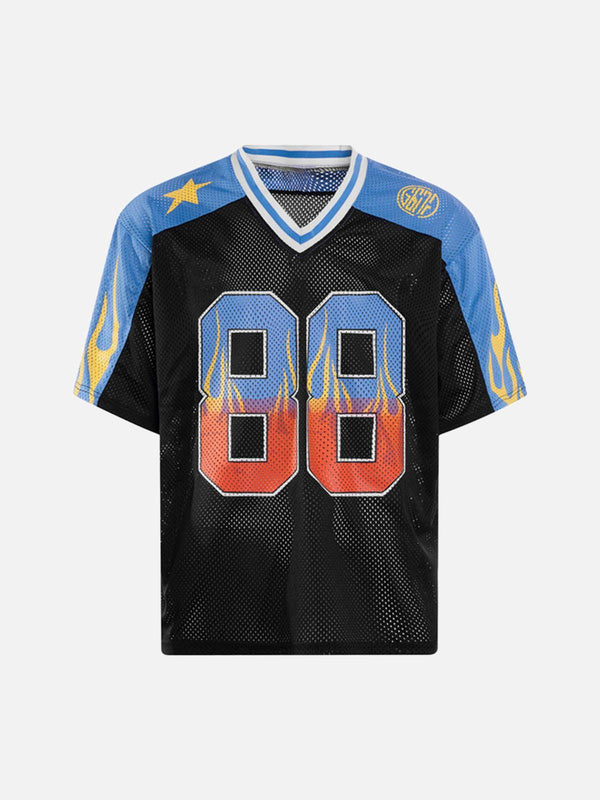 Front view of a black jersey T-shirt by TALISHKO, featuring vibrant flame prints and number 88.