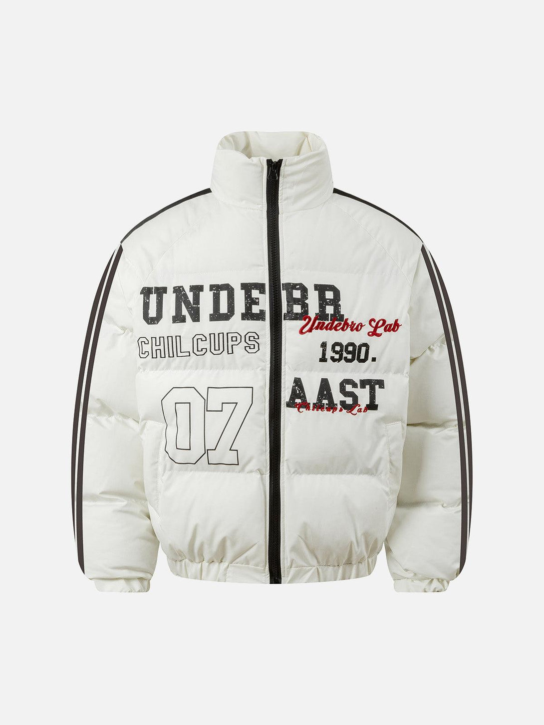 Front view of a white quilted puffer jacket with bold graphics, crafted by TALISHKO.