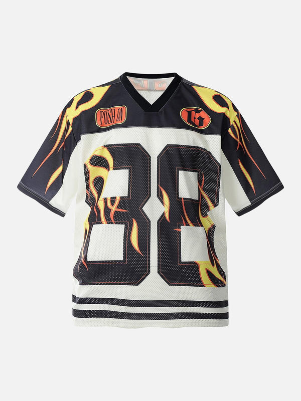 Front view of a black flame print jersey-style T-shirt by TALISHKO, perfect for bold looks.