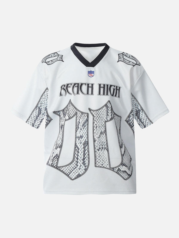 Front view of a white jersey-style snake print T-shirt by TALISHKO, perfect for casual wear.