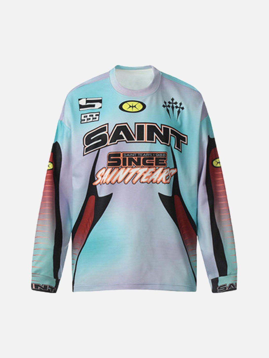 Front view of a blue tie-dye jersey long-sleeve T-shirt by TALISHKO, featuring bold graphics.