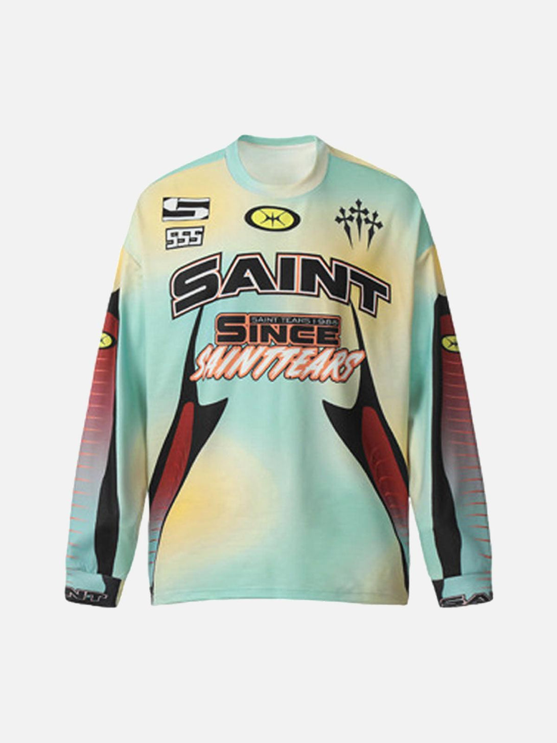 Front view of TALISHKO's yellow tie-dye jersey long-sleeve T-shirt with eye-catching graphics.
