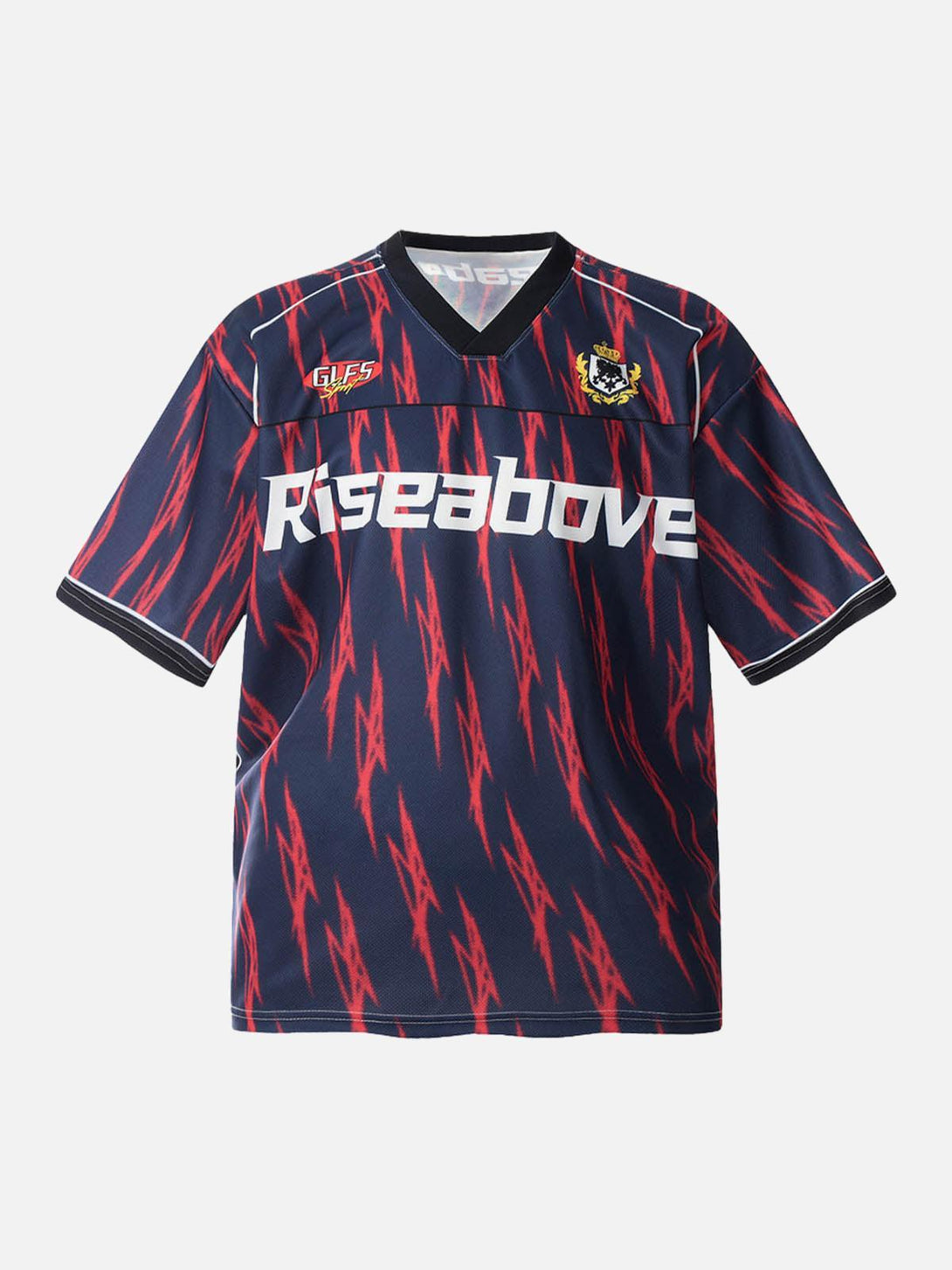 Front view of a navy V-neck jersey with bold red patterns by TALISHKO, perfect for summer style.