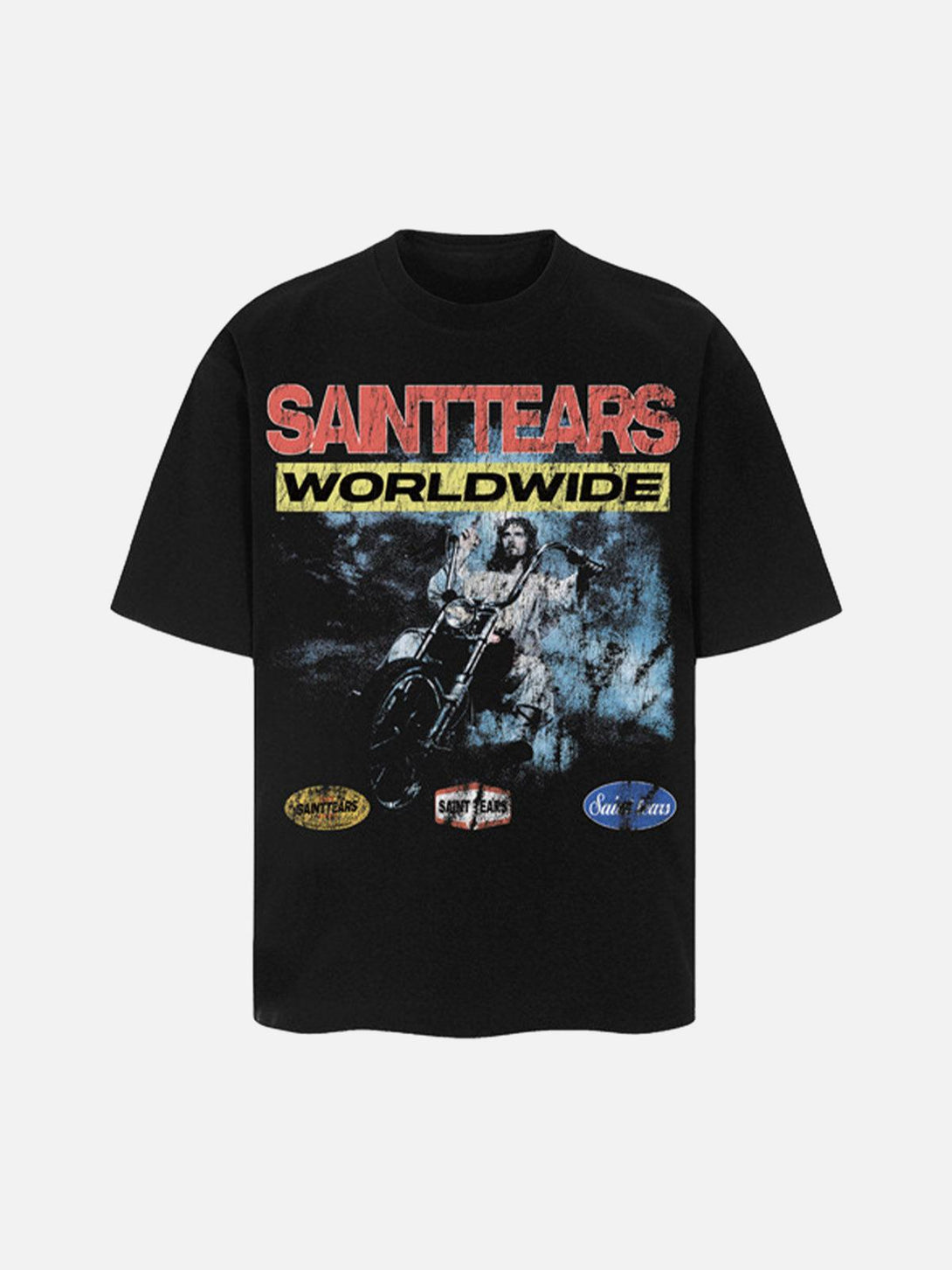 Front view of black Jesus graphic T-shirt by TALISHKO, featuring bold "SAINTTEARS" and "WORLDWIDE" text.