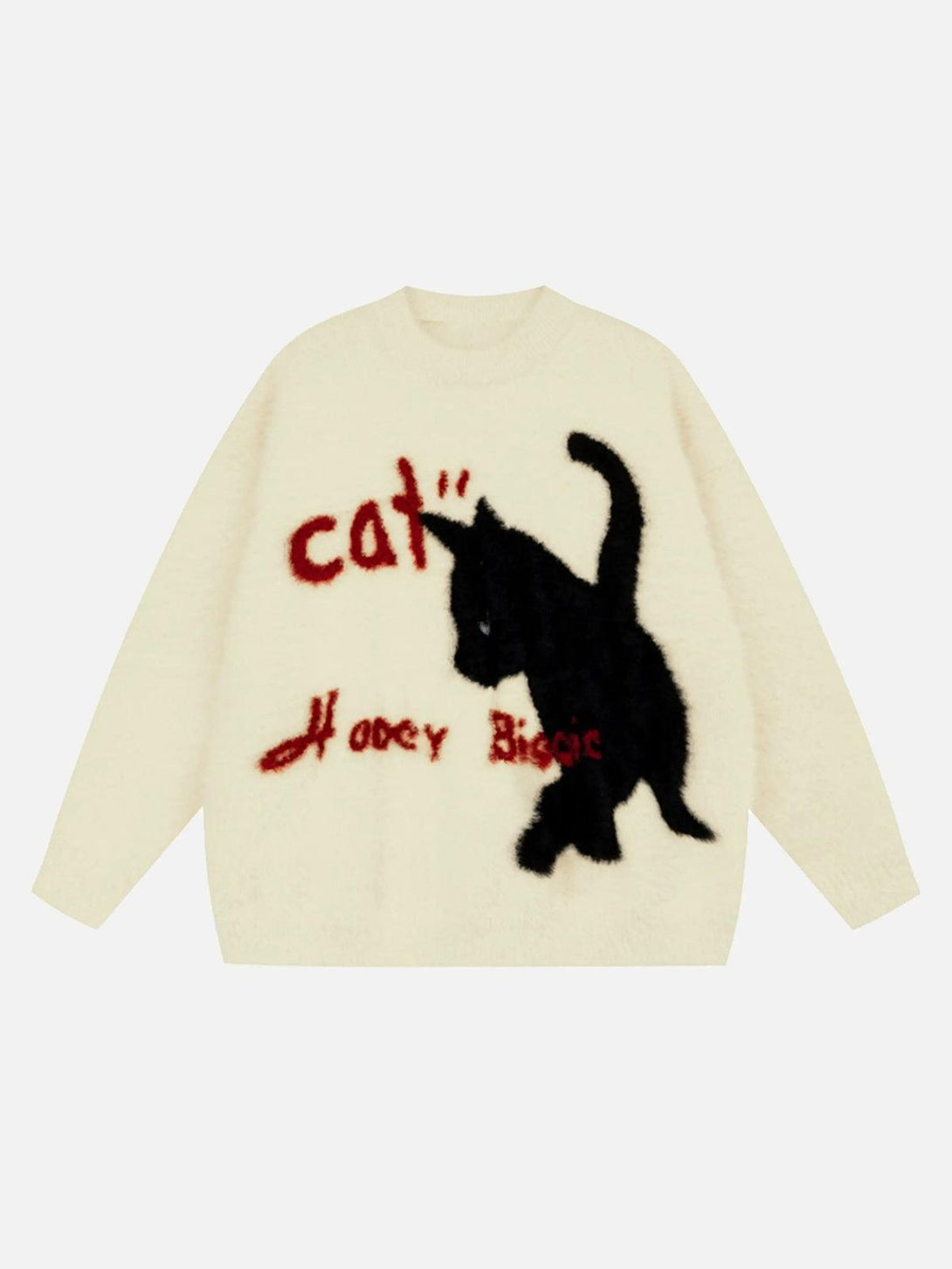 Front view of apricot kitten jacquard mohair sweater by TALISHKO, featuring playful black cat design.