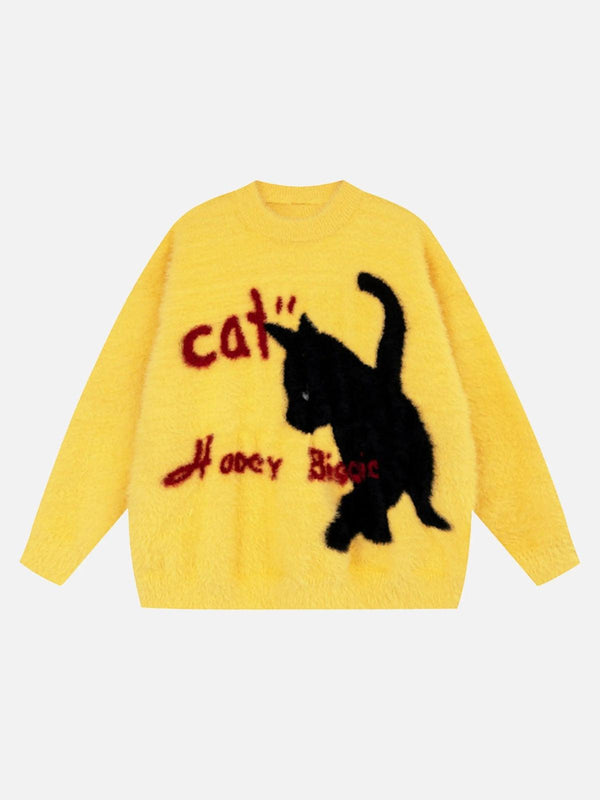 Front view of yellow kitten jacquard mohair sweater by TALISHKO, showcasing a playful black cat design.