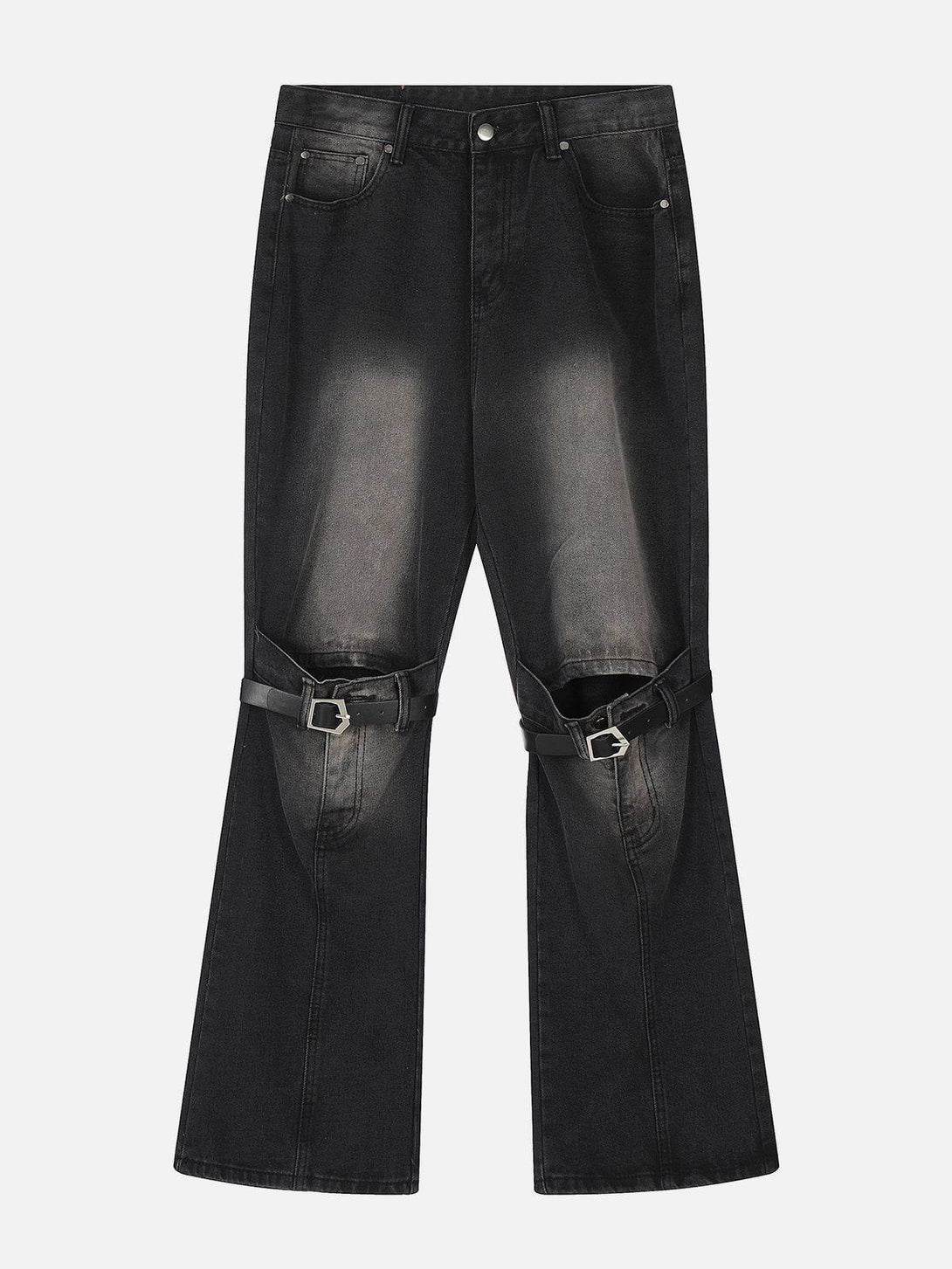Front view of TALISHKO black knee belt loose jeans, offering an edgy urban look.