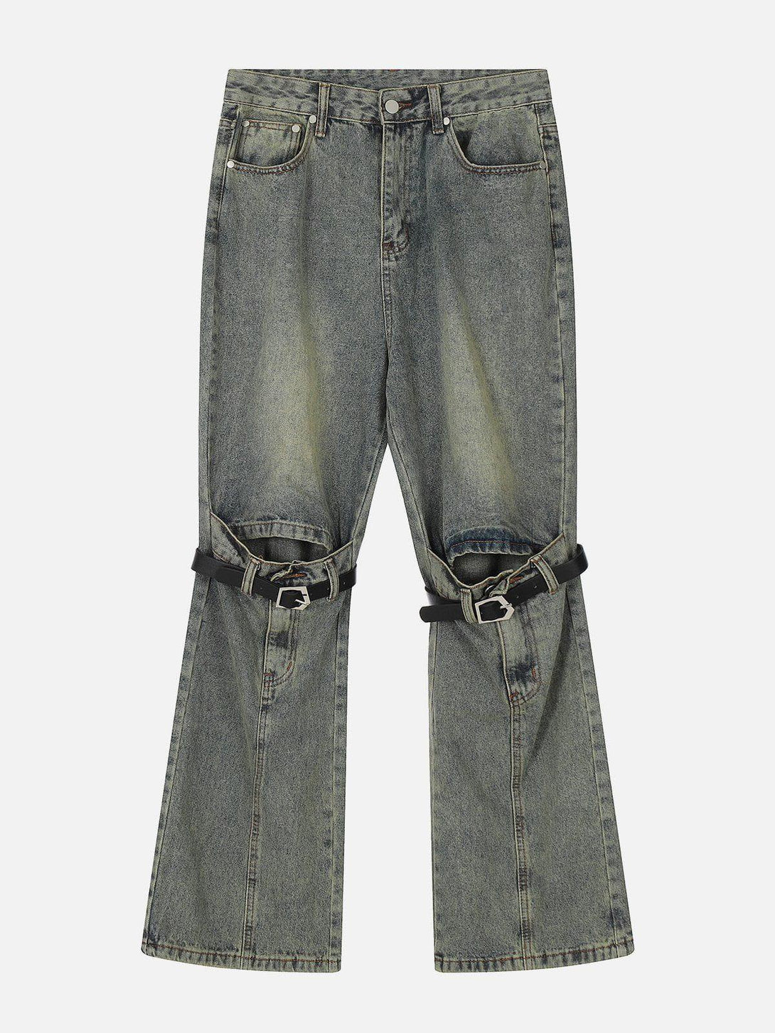 Front view of TALISHKO light blue knee belt loose jeans, showcasing an edgy and unique style.