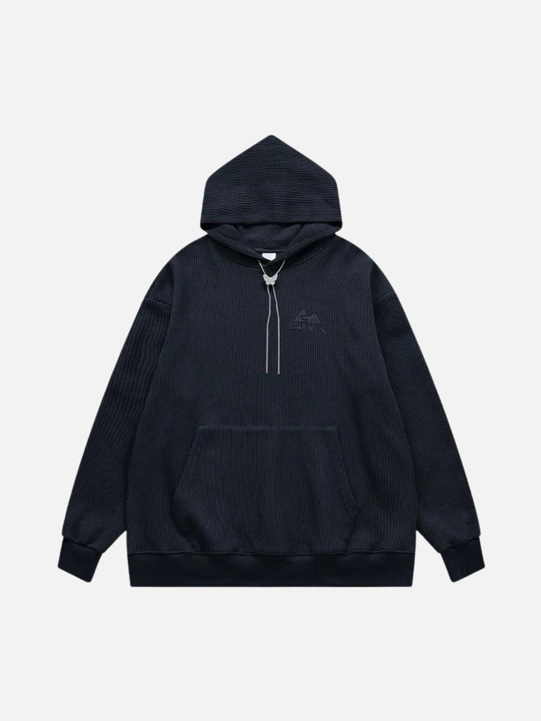 Front view of a dark blue knit hoodie by TALISHKO, ideal for contemporary urban style.