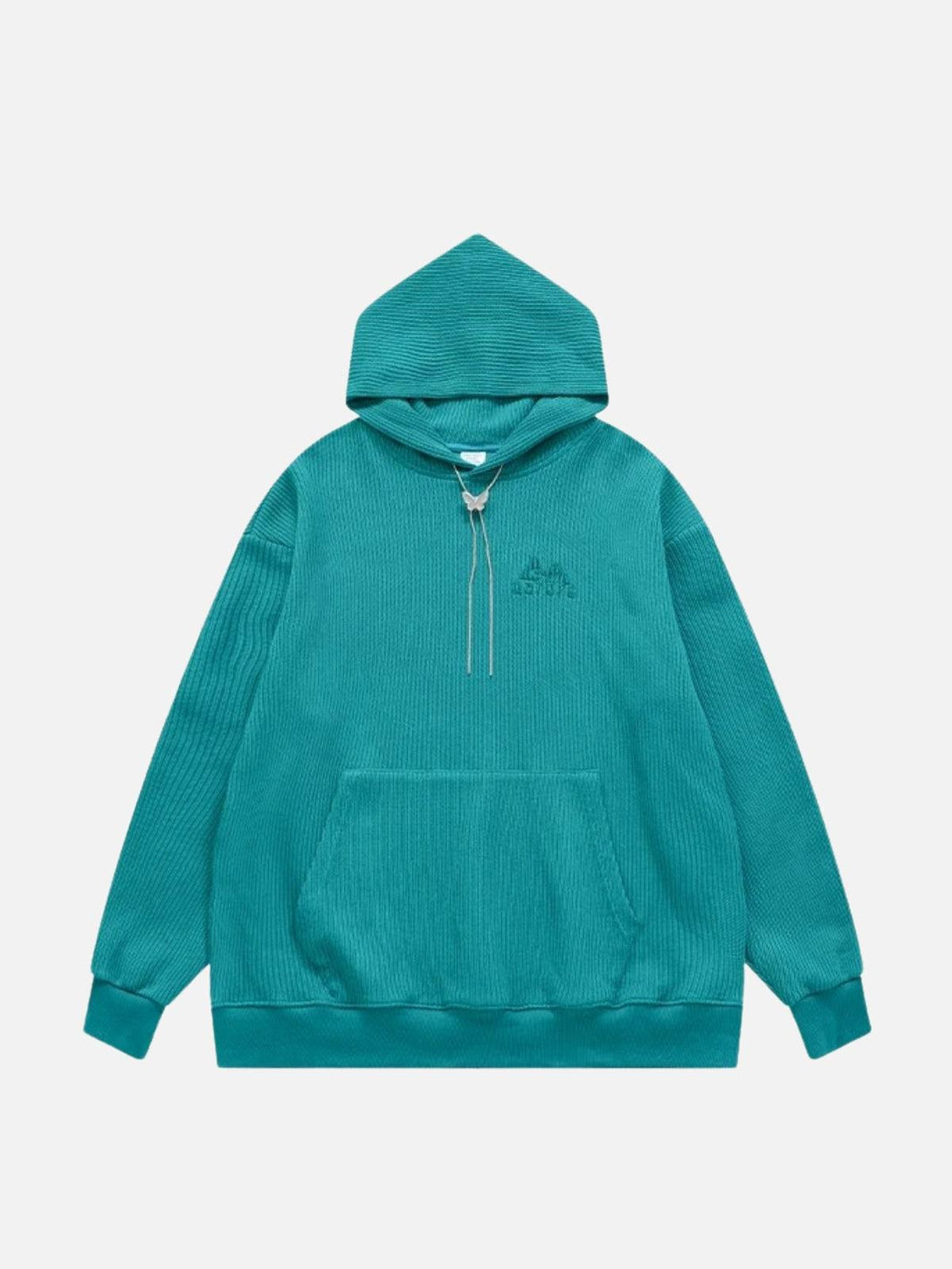 Front view of a turquoise knit solid hoodie by TALISHKO, showcasing a cozy, casual fit.