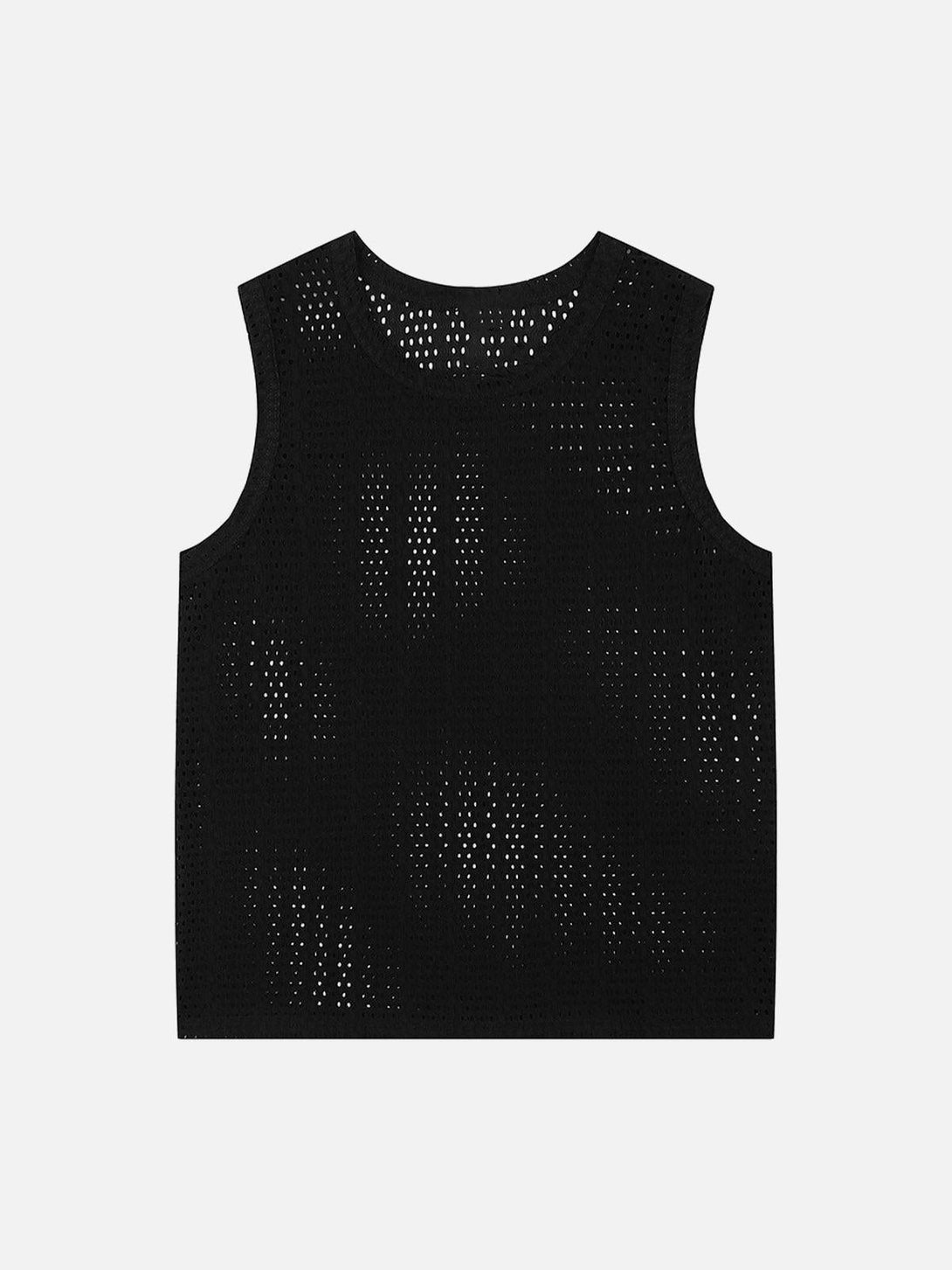 Front view of a black knitted hollow mesh vest by TALISHKO, perfect for warm weather layering.