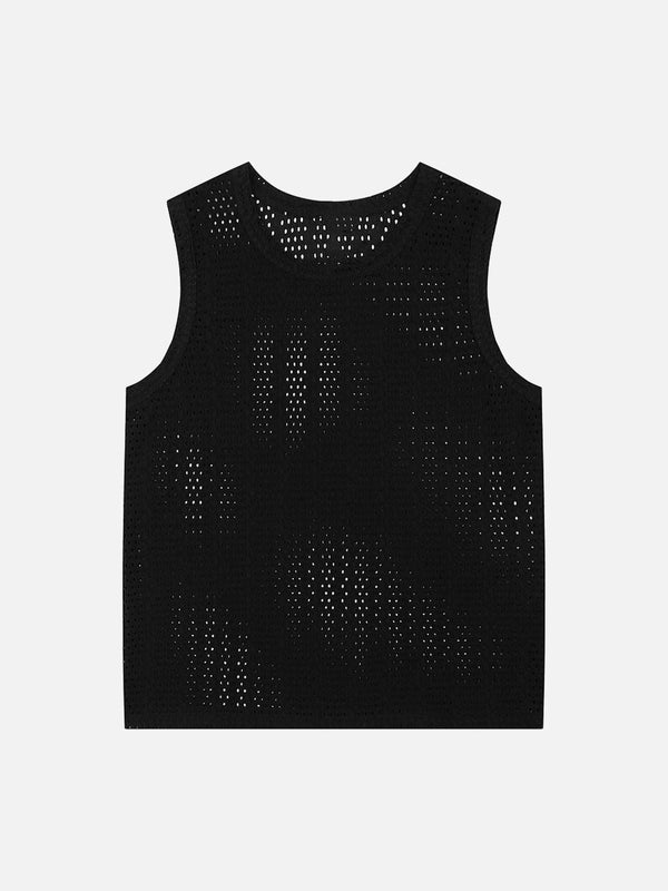 Front view of a black knitted hollow mesh vest by TALISHKO, perfect for warm weather layering.