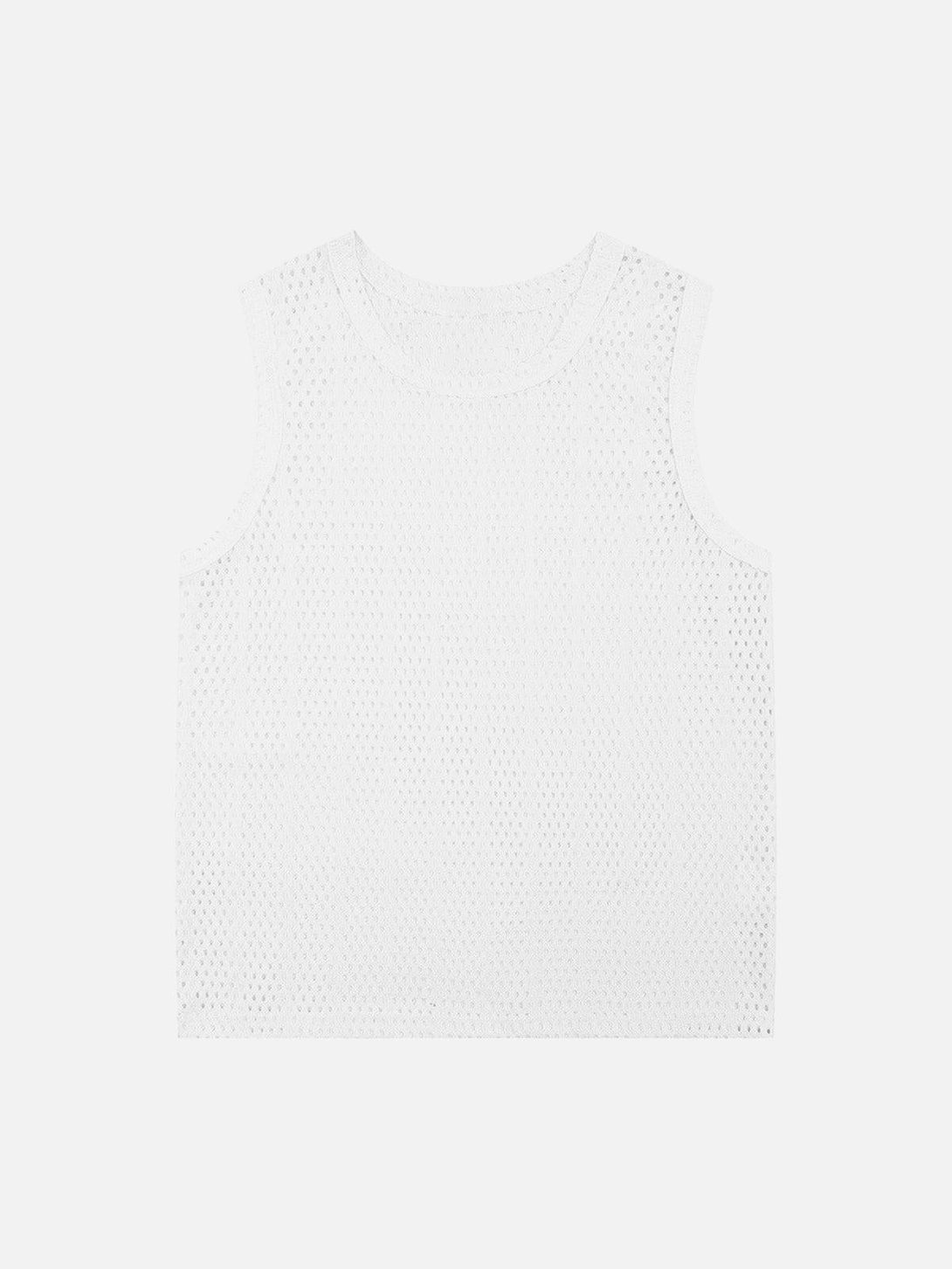 Front view of a white knitted hollow mesh vest by TALISHKO, ideal for lightweight layering.